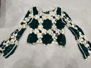 Gehäkeltes Crop Top Med. Granny Square Lagenlook Festival Cowgirl grün/elfenbein - Bild 1 von 11