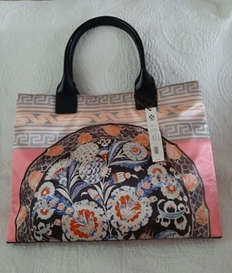 Satindruck Shopper LG Tragetasche Handtasche groß. rosa/graue Teller - Bild 1 von 3