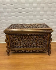 Walnut Wood Storage Chest Hand Carved, Wooden Rustic Trunk Coffee Center Table - Picture 1 of 10
