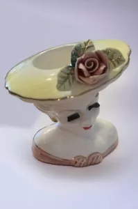 Vtg Lefton Porcelain Lady Head Vase in Pink & Gold Chipped Eyelash Red Lips 1950 - Picture 1 of 24