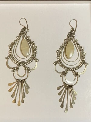 Pendientes araña boho colgantes vintage tono plata con piedra de ágata blanca Foto 1 de 4