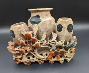 Antike chinesische Blumen handgeschnitzt Speckstein Skulptur Vase Vintage 8" 3D Krähe - Bild 1 von 15