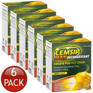 6 x Lemsip Max Decongestant Cold & Flu Fever Relief Lemon Powder Hot Drink 10 Pk - Picture 1 of 12