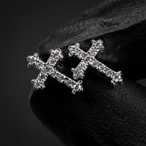 White Gold Men's 0.26 Ct Natural Diamond Screw Back Cross Stud Earrings - Picture 1 of 6