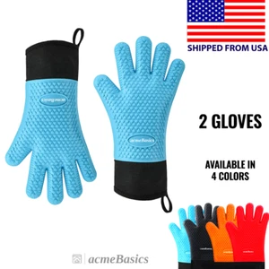 2 Silicone BBQ Heat Resistant Gloves Oven Grill Pot Holder Kitchen Cooking Large - Picture 1 of 16