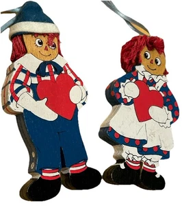 Raggedy Ann und Andy Holz Holz bemalt Weihnachtsschmuck 80er Jahre mit Herzen süß! - Bild 1 von 8