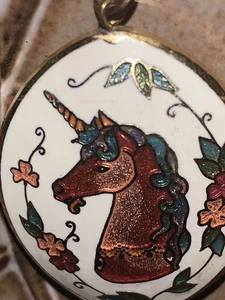 VINTAGE Cloisonné Unicorn Charm Pendant Necklace Puffy 70s - Picture 1 of 10