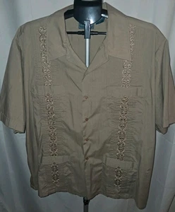 Vtg TropiCool Guayabera Button Shirt Mens 2XL Tan Embroidered Pockets Cuban - Picture 1 of 3