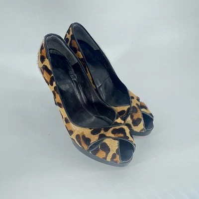 Stuart Weitzman 7.5 M Cheetah Print Faux Fur Peep Toe Slip On Designer Heels - Image 1 of 4