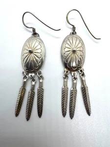 Vintage Sterling Silver 925 Southwestern Concho Feather Dangle Earrings Boho - Picture 1 of 7