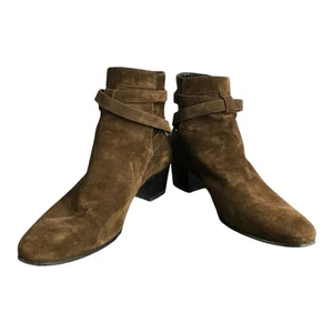 Saint Laurent Paris Ankle Boots Women Sz 40 Brown Leather Suede 2" Wood Heel - Picture 1 of 7