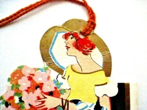 Lovely Art Deco Bridge Tally w/ Woman Holding Pink & Orange Flowers * - Picture 1 of 3