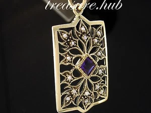P022 SUPERB Genuine 9K 9ct SOLID Gold NATURAL Amethyst & Pearl Filigree Pendant - Picture 1 of 5