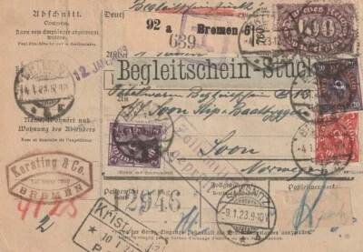 GERMANY/INFLA: Parcel Bremen to Norway 1923, arr.canc. - Image 1 of 2
