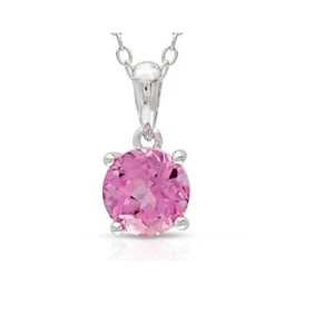 Round Created Pink Sapphire Silver Solitaire Pendant With 18" Chain Necklace - Picture 1 of 2