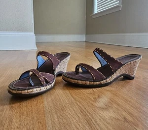 Indigo by Clarks #82592 brown leather sandals 1"-3" jute wedge heel 8.5M - Picture 1 of 14