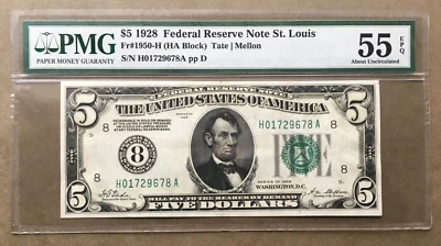 1928 $5 FRN  St. LOUIS   FR. 1950-H [] PMG 55 EPQ Ser# H 01729678 A - Image 1 of 3