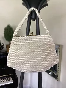 Vintage Beaded Purse Handbag Corde Bead Lumured White Formal Wedding Party Glam - Picture 1 of 4