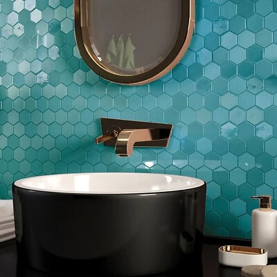 Teal Mosaic Hexagon MixTiles Sheet For Walls Splashback Walls Bathrooms - Image 1 of 3