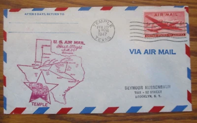 COVER CACHET FIRST FLIGHT AIR MAIL 1947 "ROUTE A.M. 64 TEMPLE, TEXAS - Image 1 of 4