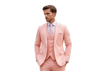 Men's 3 Piece Suit Slim fit One Button Peach Pink 3pc Wedding Groom Attire - Picture 1 of 6