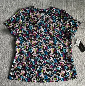 Koi Basics Scrub Top Women’s Large Leslie Butterfly Black Floral Nursing Medical - Picture 1 of 11