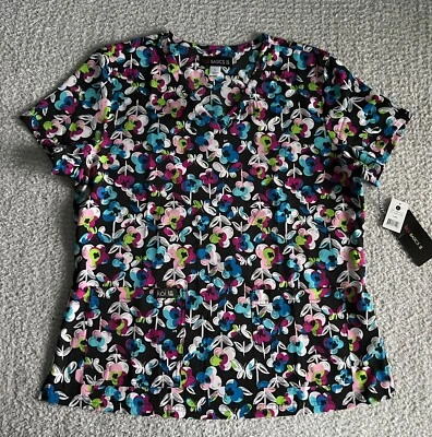 Koi Basics Scrub Top Women’s Large Leslie Butterfly Black Floral Nursing Medical - Image 1 of 4