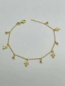 14K GOLD PLATED 10" ANKLET WITH 4 HAMSAS AND 5 4MM BALL CHARMS DANGLING SA1 - Picture 1 of 1