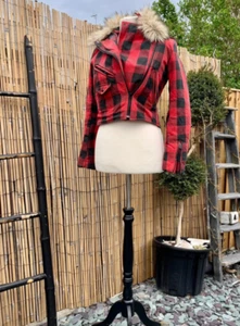 Ralph Lauren Denim & Supply Vintage Red Buffalo Check Fur Trim Biker Jacket S 8 - Picture 1 of 11
