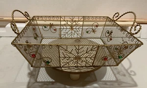 Winter Holiday Gold Tone Basket w/Snowflakes 11” X 9” X 3.5” Red & Green Accents - Picture 1 of 7