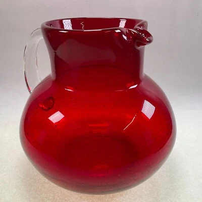 Hand Blown Red Ruby Art Glass Bubbles Pitcher w/ Applied Handle - Image 1 of 4