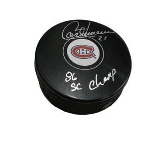 GUY CARBONNEAU Signed Montreal Canadiens Puck - 86 SC Champ Inscription - Picture 1 of 2