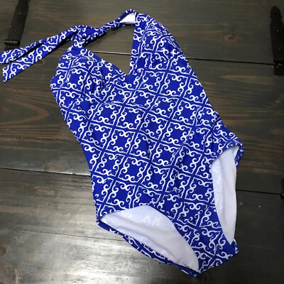 Merona Bright Blue & White Scroll Design Print One Piece Swimsuit Size S Halter - Image 1 of 4