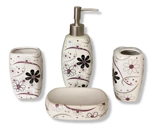 4 Piece Ceramic Bathroom Accessory Set - Purple Flowers - Picture 1 of 1