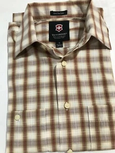 NWOT VICTORINOX EXTRA FINE COTTON S/S BUTTON-DOWN BROWN PLAID SHIRT SZ S - Picture 1 of 12