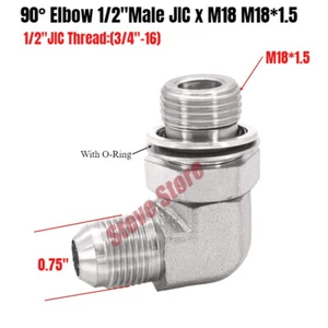 Hydraulic Fitting 90° Elbow 1/2"(3/4"-16) Male JIC x M18 M18*1.5 Male O-Ring - Picture 1 of 3
