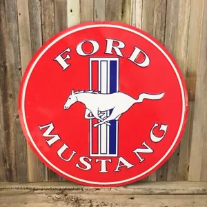 Ford Mustang en relieve grande 24" rojo redondo metal lata letrero garaje hombre cueva nuevo - Imagen 1 de 2