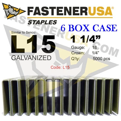 FASTENER USA L Staples L15 Galv 18 gauge 1/4" crown 1 1/4" length (fits Hit/Sen) case qty 6