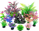Fish Tank Decorations Aquarium Artificial Plastic Plants & Cave Rock Decor Set,