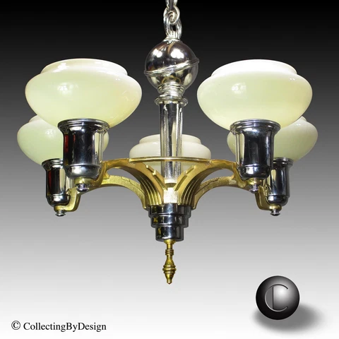 Saturn Chandelier Machine Age Deco Chrome, Brass, Custard Shades c.1934 RESTORED Cover