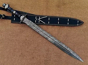Hand Forged Damascus Steel Viking Sword, Handmade Medieval Sword with Leather Sh - Picture 1 of 6