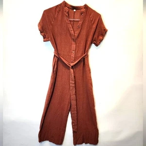 Brown Linen Jumpsuit Capris Palazzo Crop Pants Button Down Pockets Size S - Picture 1 of 11