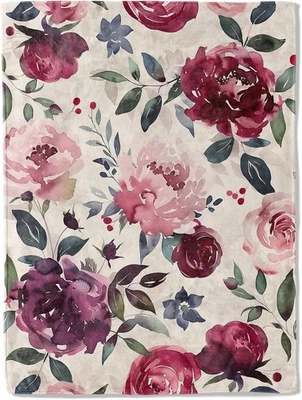 Vintage Floral Flannel Blanket - Romantic with Blush and Burgundy Rose on Cream - Image 1 of 4