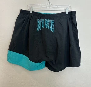RARE VTG 90s Nike Spellout Swoosh Nylon Black Teal  Swim Trunks Shorts XL - Picture 1 of 9