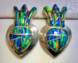 Orecchini Vintage Donna Nero Opale Tiro CUORE Verde Blu Fuoco Sterling R L - Foto 1 di 14