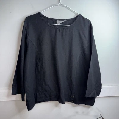 Hot Cotton Women's Size LP Linen Blend Boxy Top Black Lagenlook Round Neck - Image 1 of 4