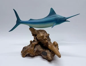 Vintage John Perry Marlin Schwertfisch Skulptur auf Wurzelholz Airbrush markiert - Bild 1 von 8