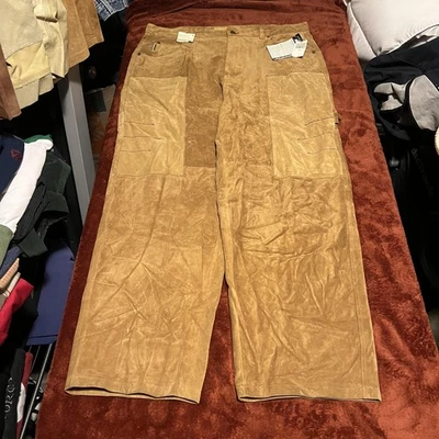 Vintage Davoucci Pants Mens 44 Camel Suede Leather Patchwork Cargo Workwear 90s - Image 1 of 4