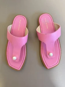 Stuart Weitzman Goldie pink leather Faux-Pearl Thong Sandals flats women’s Sz 8 - Picture 1 of 5