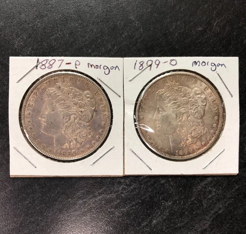 2 UNITED STATES GENUINE MORGAN SILVER DOLLARS 1887 P & 1899 O 1800'S LOT Cover
